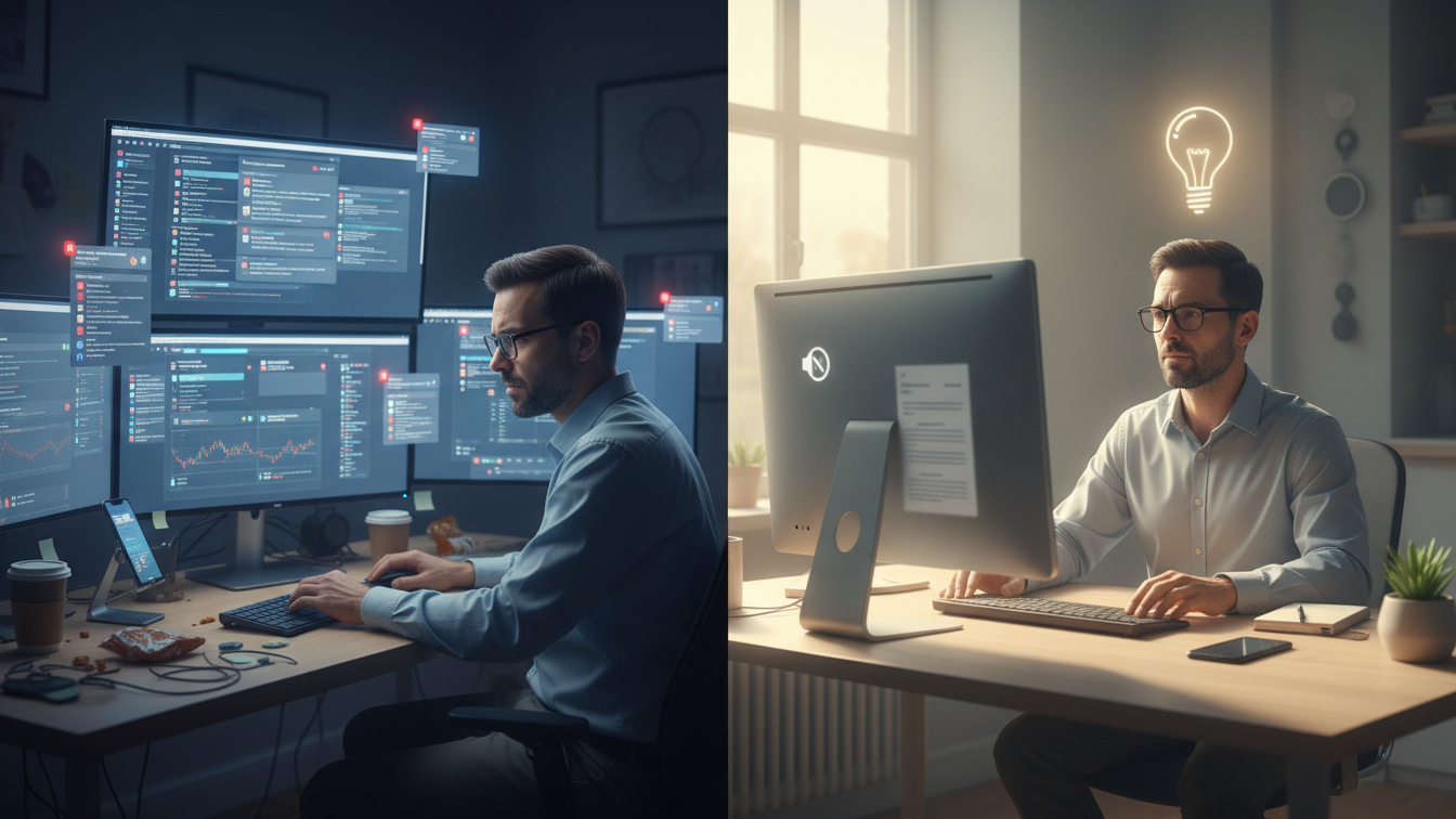 A split-screen showing the same man in two contrasting work environments. Left side: an “always-on” scene with multiple glowing screens. Right side: an “intentionally engaged” scene with a single screen and notifications turned off.