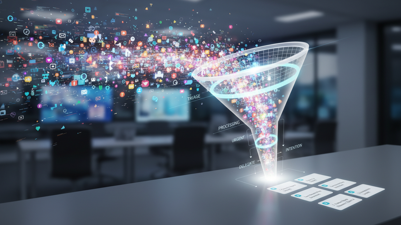 A funnel visualization showing raw, unfiltered communication at the top narrowing down through layers to clear, prioritized tasks at the bottom.
