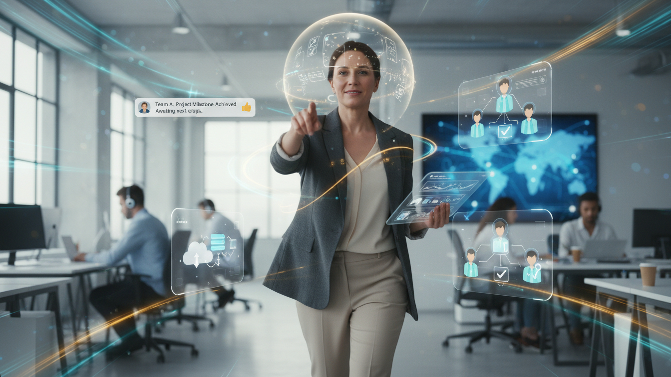 A woman in the office in a state of momentum.