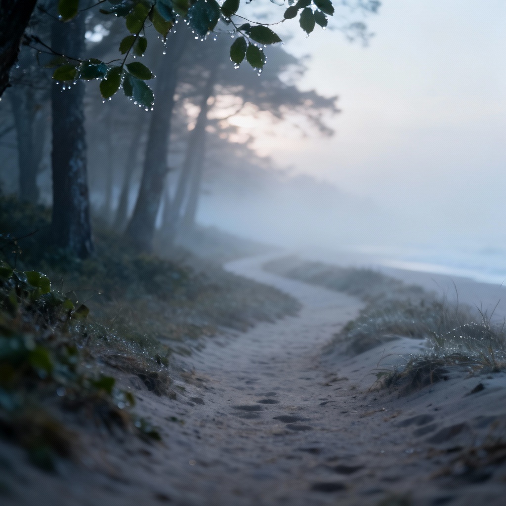 A quiet lakeside path in the early morning.