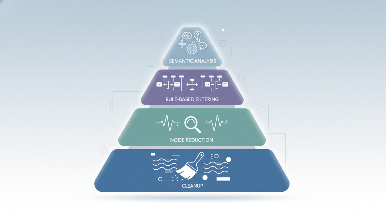 Triage pyramid showing from bottom to top: cleanup, noise reduction, rules and semantics.