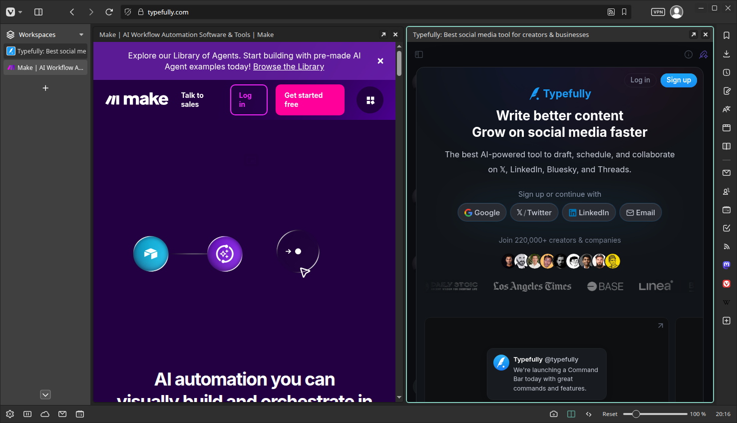 Screenshot of the Vivaldi browser with a split screen and calm UI.